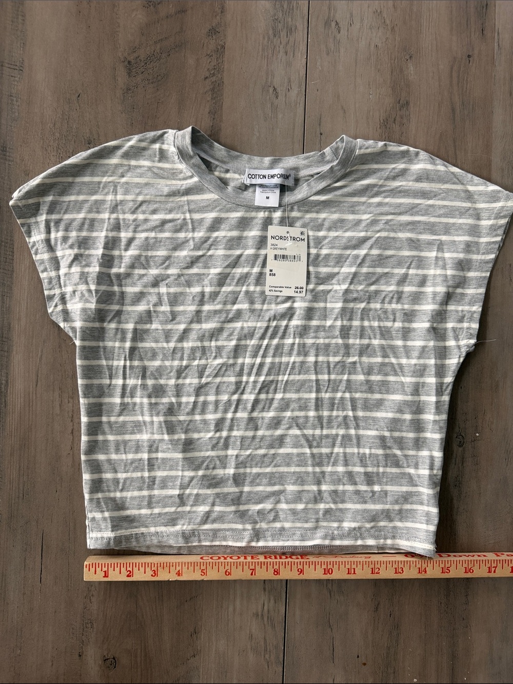 Cotton Emporium Medium Gray & White Striped Short Sleeve Tee NWT